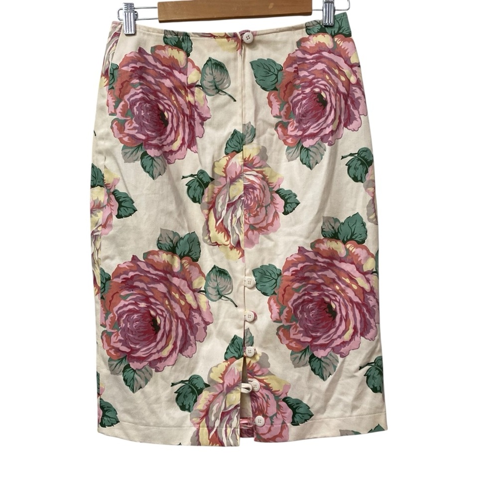 Vintage 80s Forenza Floral Pencil Skirt Roses Pink Green Yellow Ivory sz M 10 - Picture 3 of 7